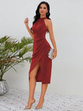 Slit Ruched Mock Neck Sleeveless Dress - Hovatok
