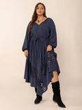 Plus Size Lace Detail Tie Neck Long Sleeve Midi Dress - Hovatok