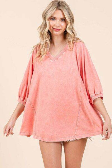 Mittoshop Mineral Wash V-Neck Raglan A-Line Relaxed Top - Hovatok