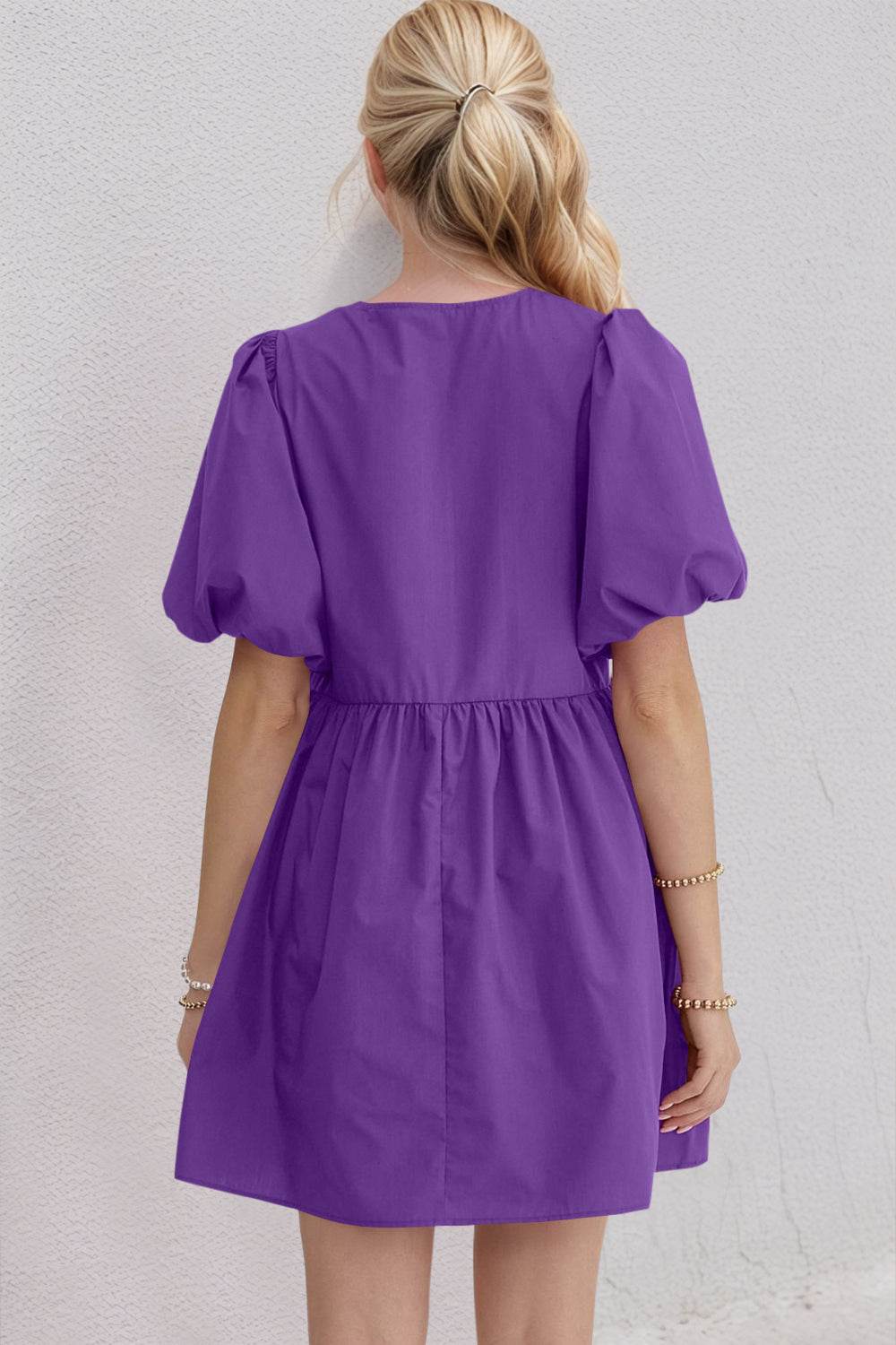 Oh Bow Ruched Puff Sleeve Mini Dress - Hovatok