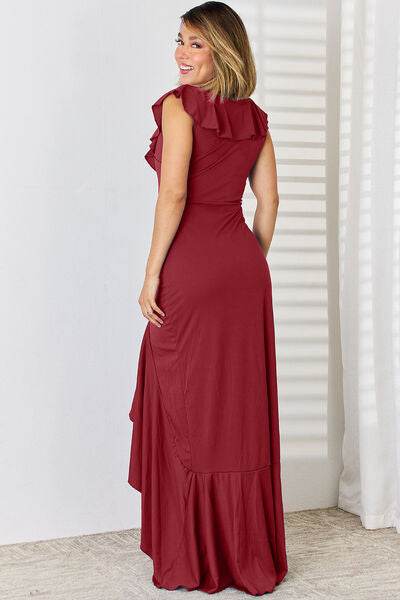 Ruffled V-Neck High-Low Dress - Hovatok