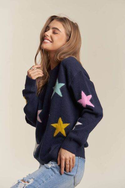 ADORA Stars Pattern Round Neck Drop Shoulder Sweater - Hovatok