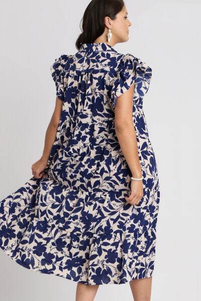 Umgee Full Size Floral Collared Ruffle Cap Sleeve Midi Dress Plus Size - Hovatok