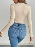 Perfee Decorative Button Round Neck Long Sleeve Bodysuit - Hovatok