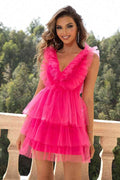 Ruffled V-Neck Sleeveless Mesh Dress - Hovatok