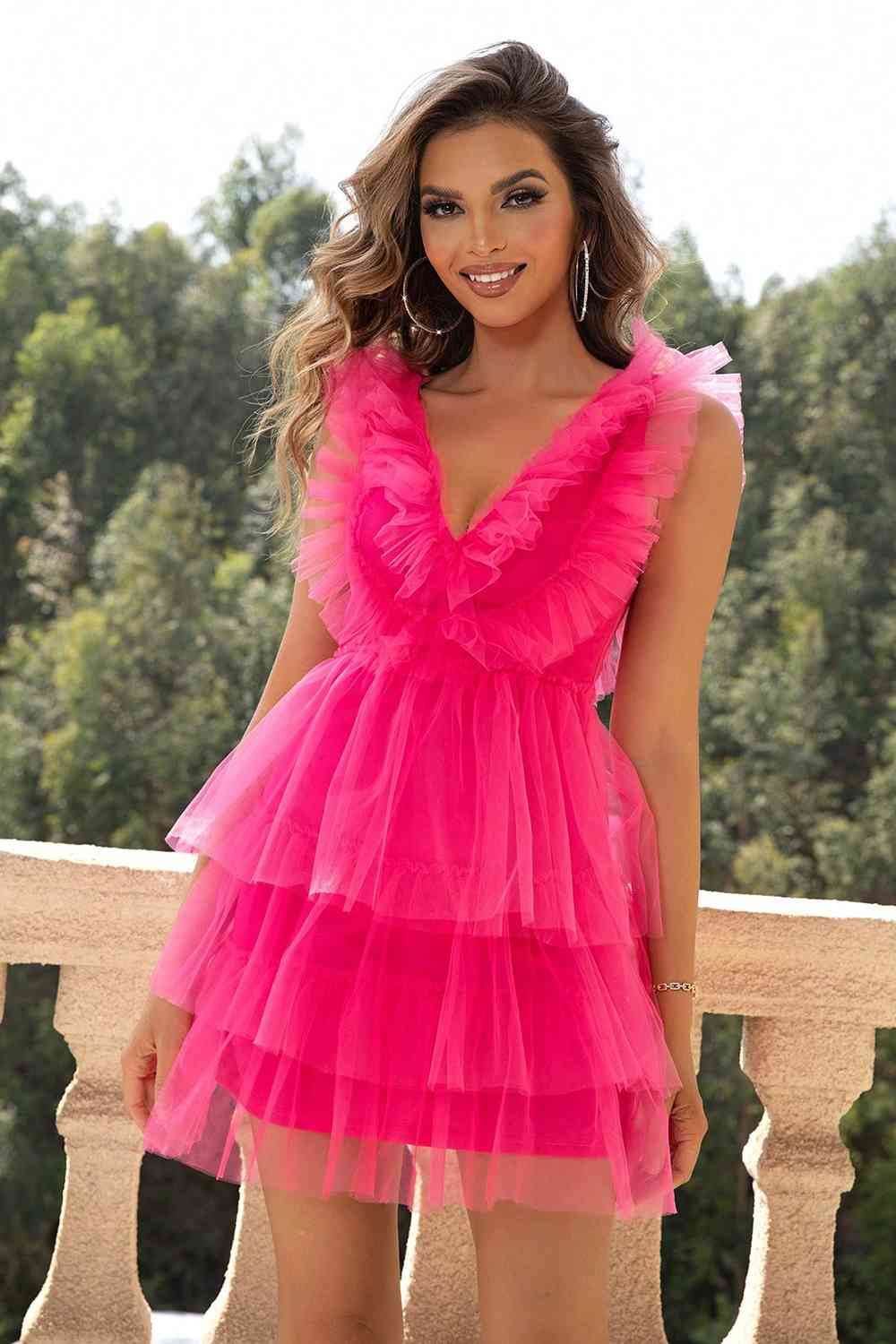 Ruffled V-Neck Sleeveless Mesh Dress - Hovatok