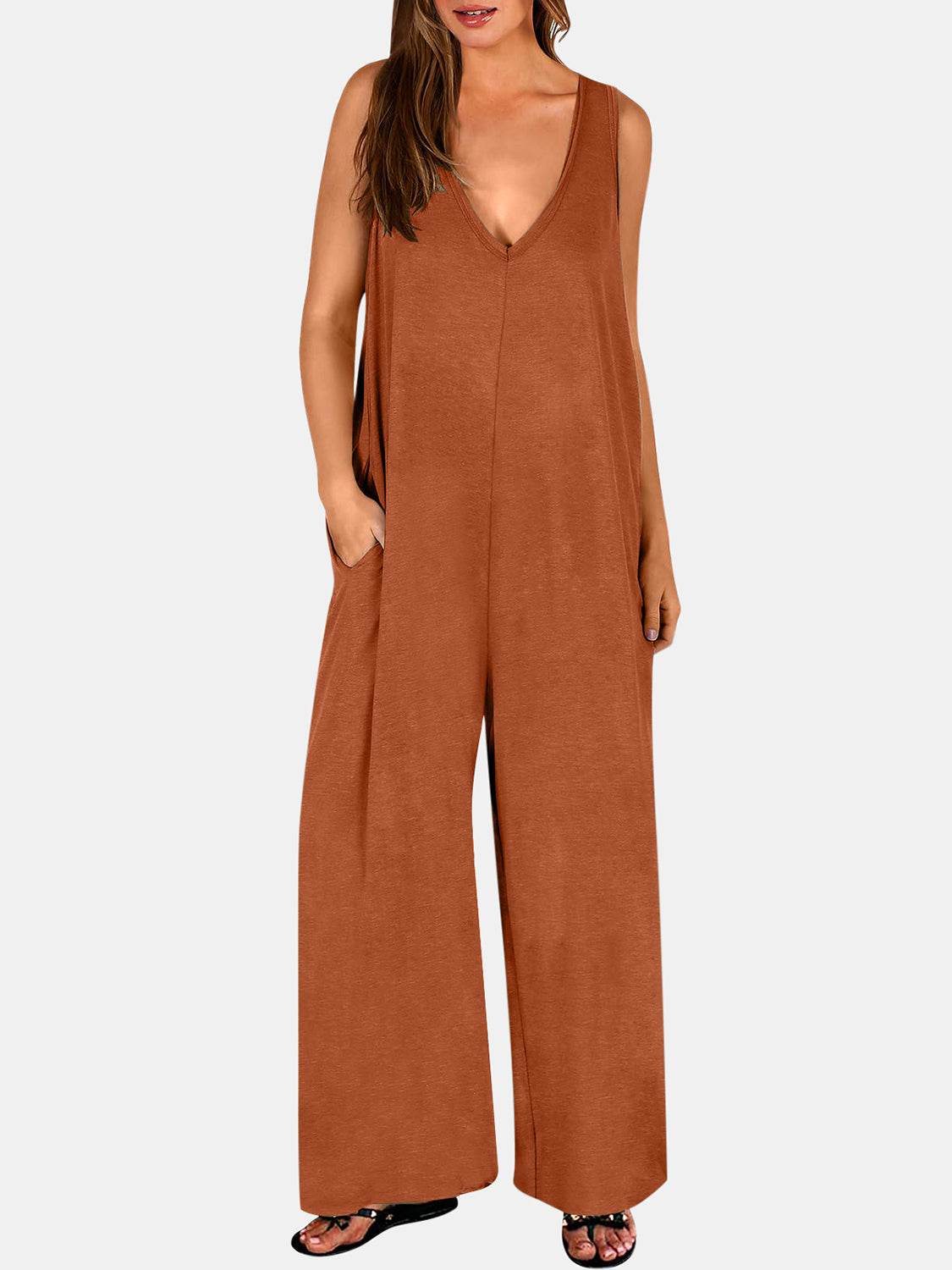 Full Size V-Neck Wide Strap Jumpsuit - Hovatok