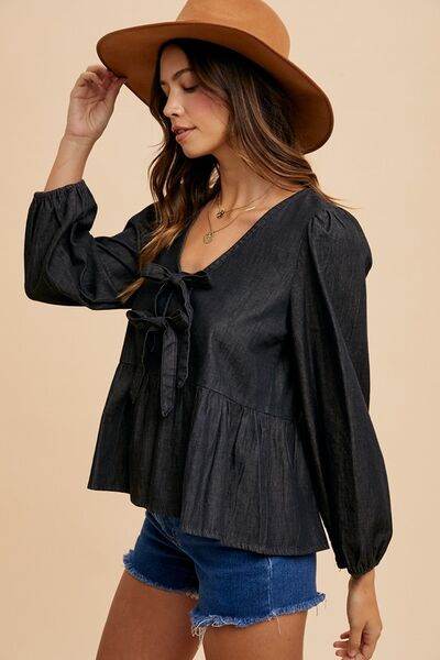 Annie Wear Tie Front Peplum Long Sleeve Denim Top - Hovatok