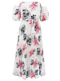 Pleated Floral Off-Shoulder Short Sleeve Midi Dress - Hovatok