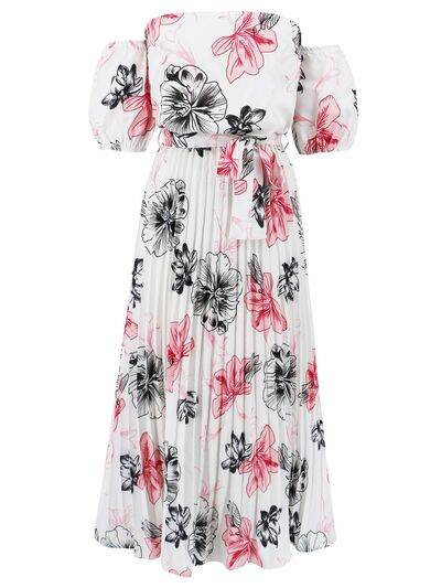 Pleated Floral Off-Shoulder Short Sleeve Midi Dress - Hovatok