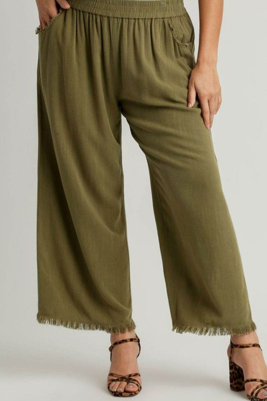 Umgee Full Size Linen Blend Elastic Waistband Wide Leg Pants Plus Size - Hovatok