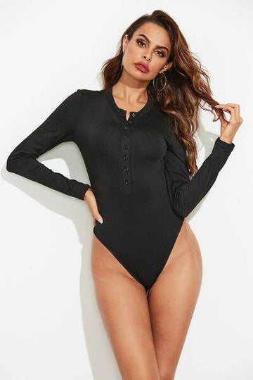 Half Button Round Neck Long Sleeve Bodysuit - Hovatok