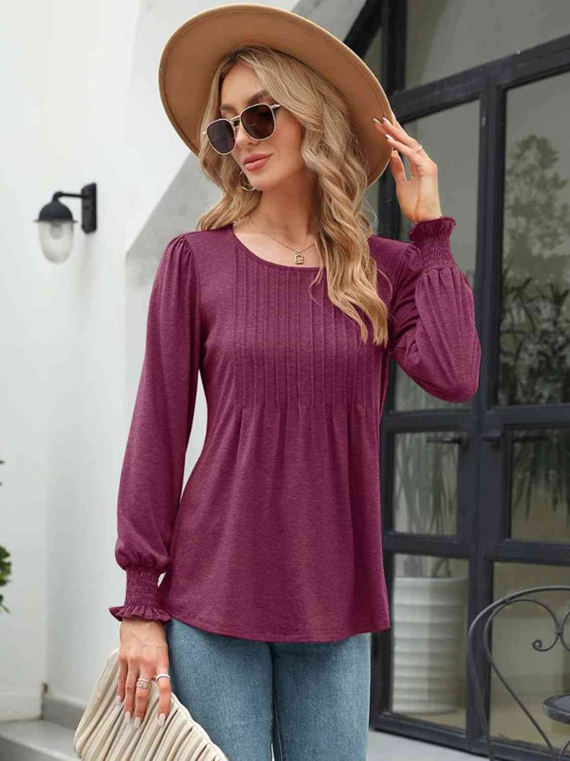 Smocked Round Neck Lantern Sleeve Blouse - Hovatok