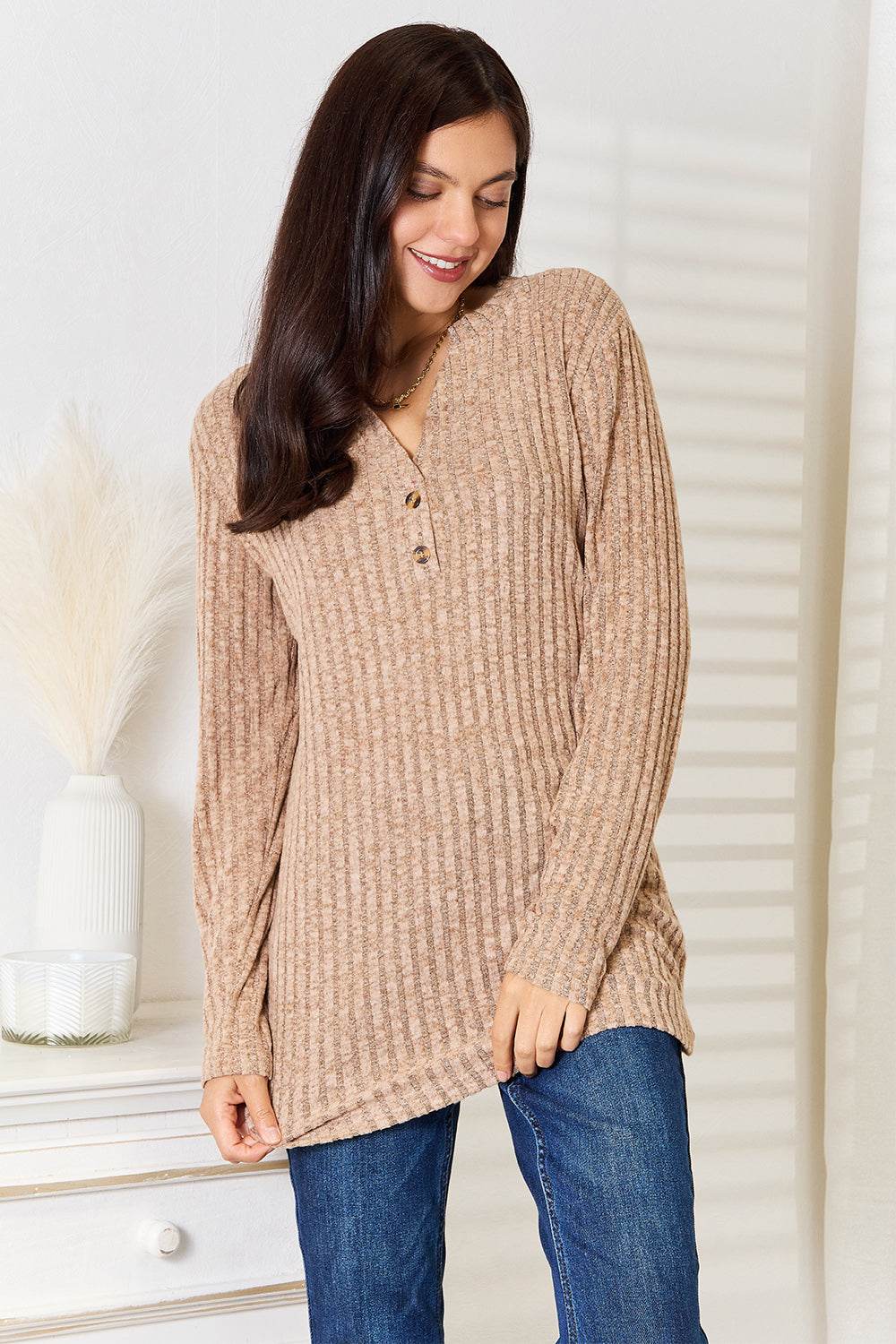 Double Take Notched Neck Ribbed Long Sleeve T-Shirt - Hovatok