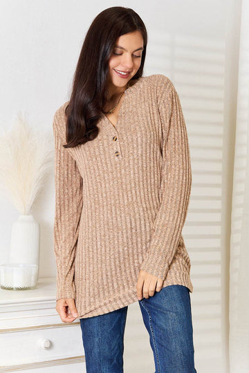 Double Take Notched Neck Ribbed Long Sleeve T-Shirt - Hovatok