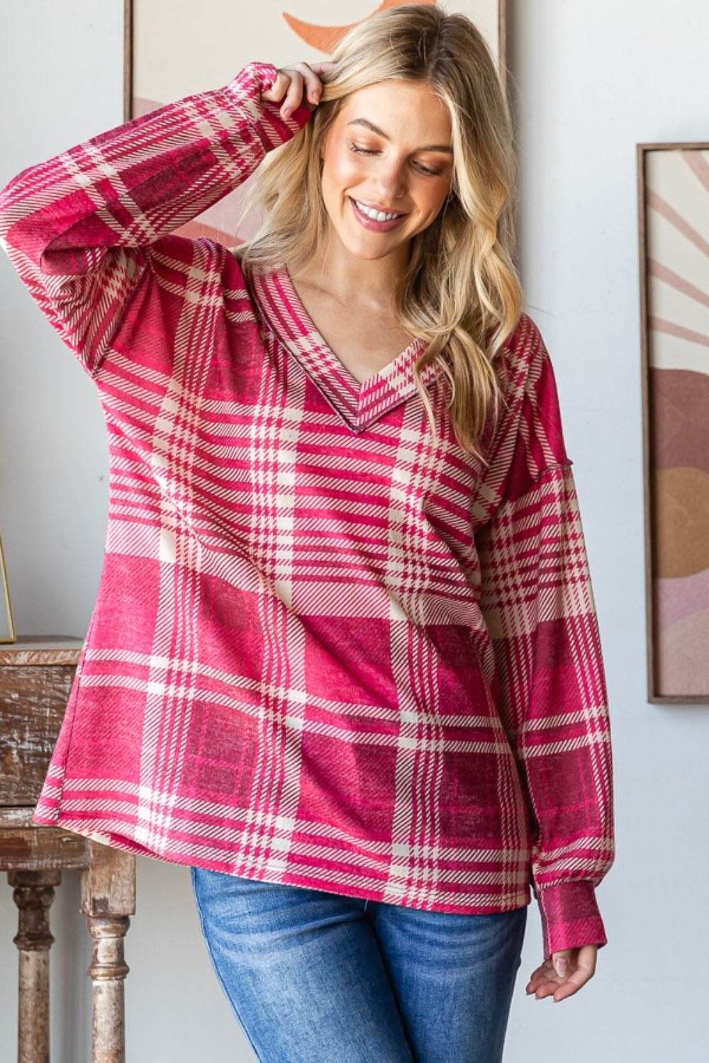 Heimish Plaid Drop Shoulder V-Neck T-Shirt - Hovatok