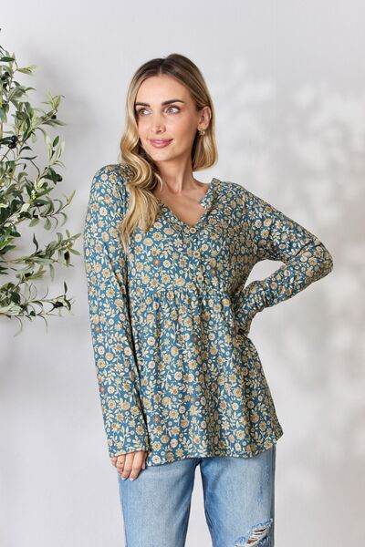 Heimish Full Size Floral Half Button Long Sleeve Blouse - Hovatok