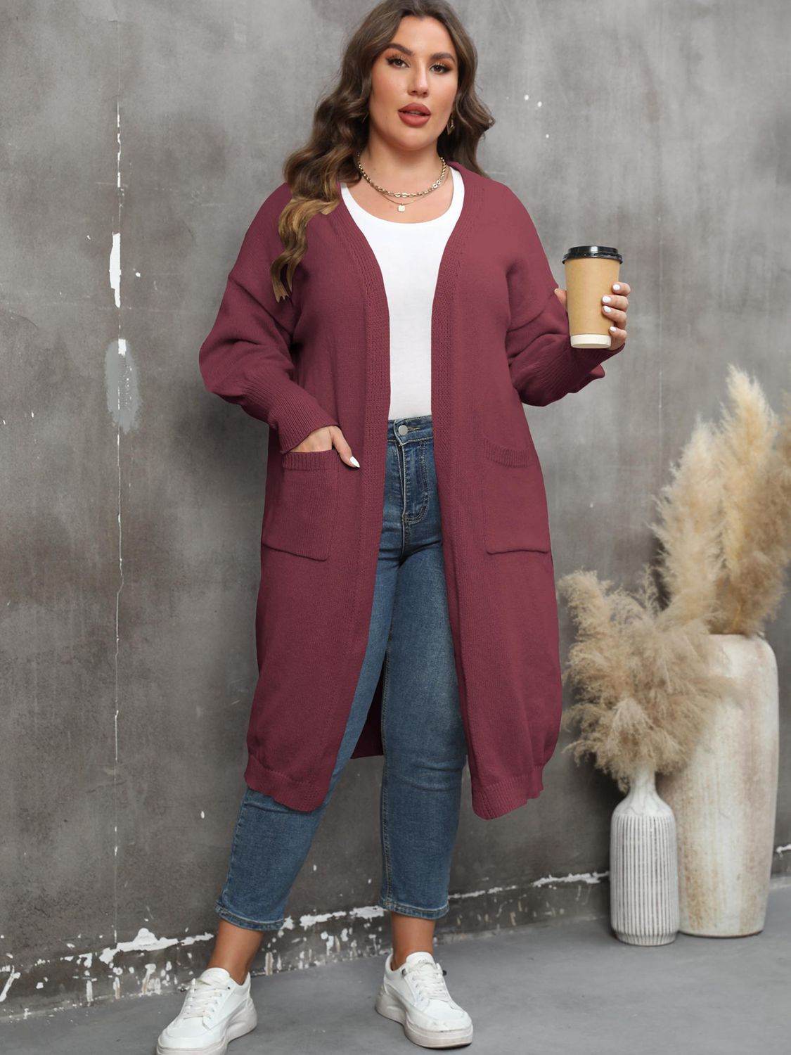Plus Size Long Sleeve Pocketed Cardigan - Hovatok