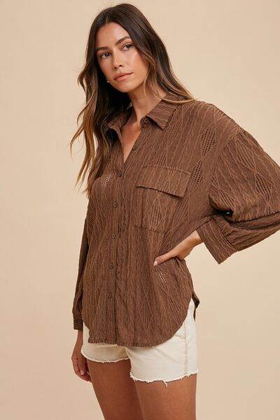 Annie Wear Openwork Button Down Drop Shoulder Shirt - Hovatok
