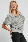 Umgee Striped Half Zip Short Sleeve Sweatshirt - Hovatok