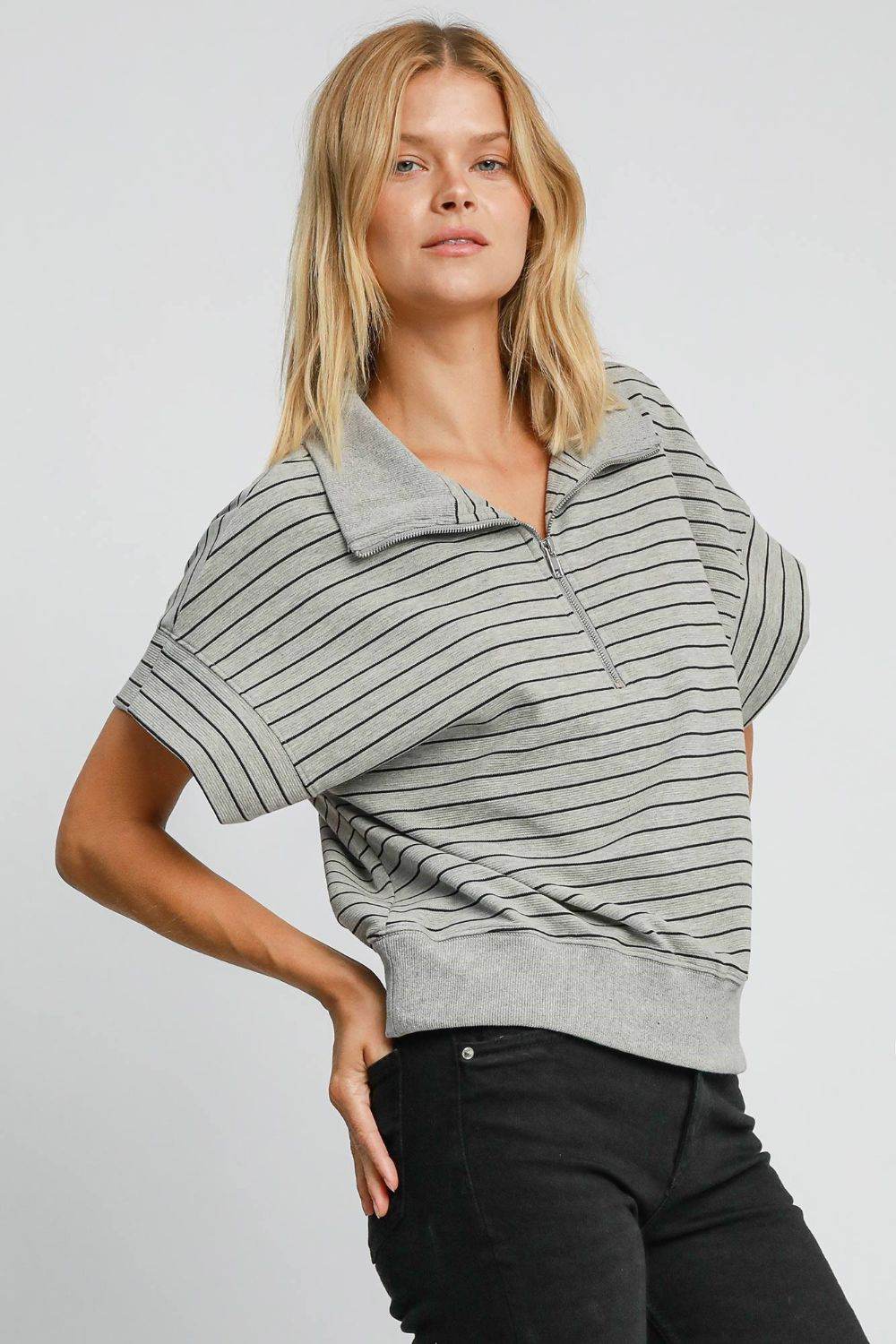 Umgee Striped Half Zip Short Sleeve Sweatshirt - Hovatok