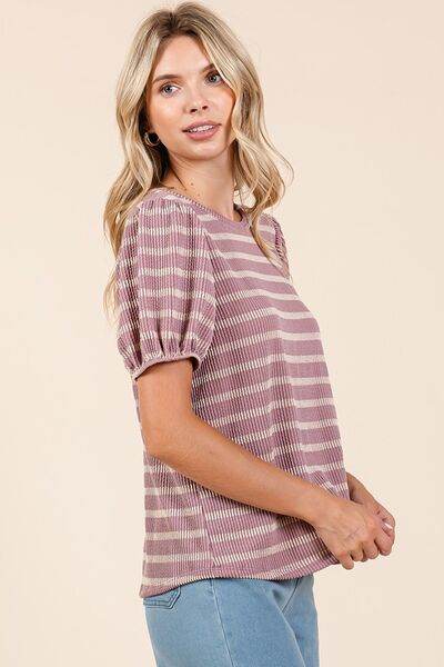 Mittoshop Contrast Striped Short Puff Sleeve Knit Top - Hovatok