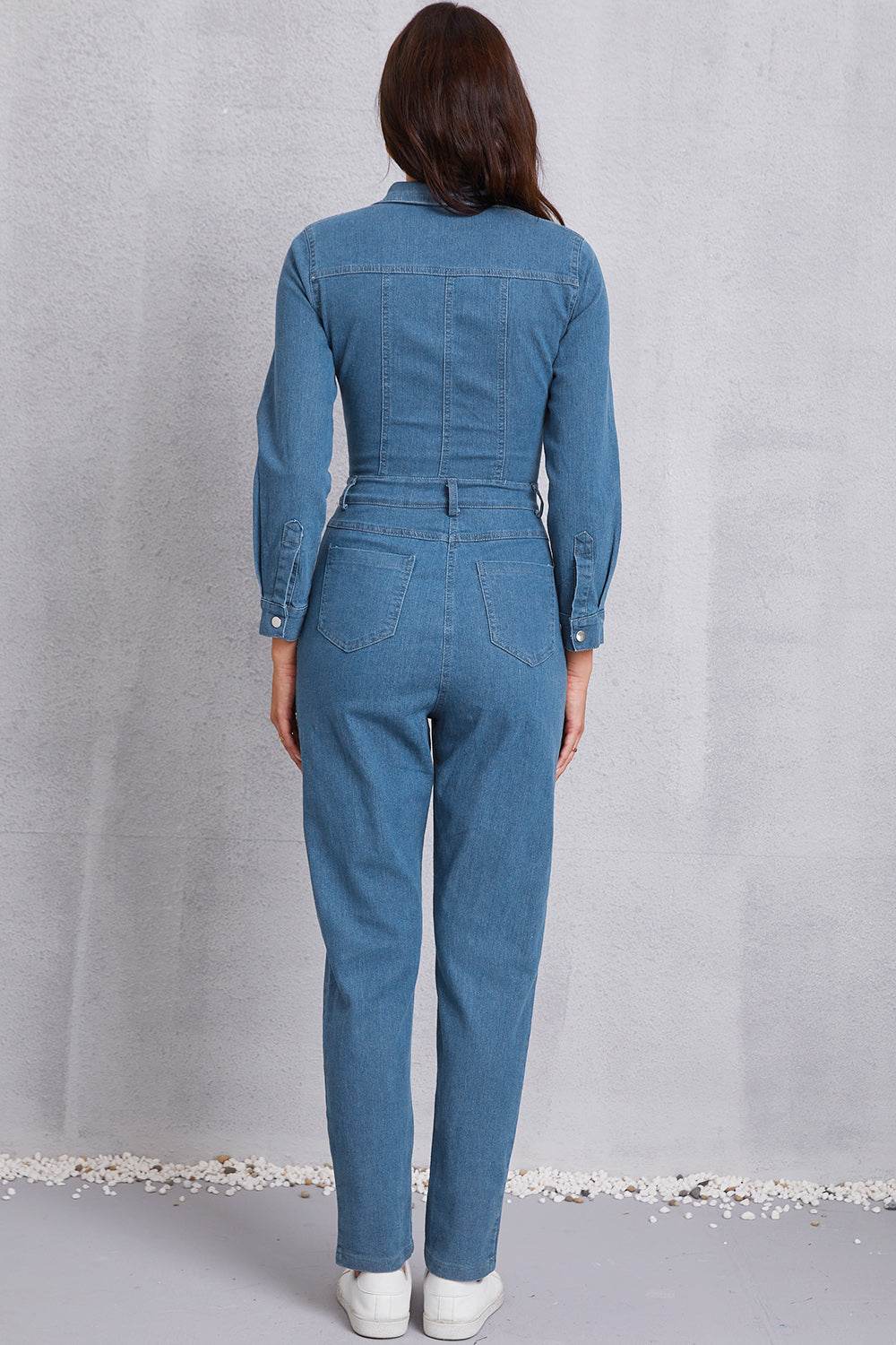 Snap Down Denim Jumpsuit with Pockets - Hovatok