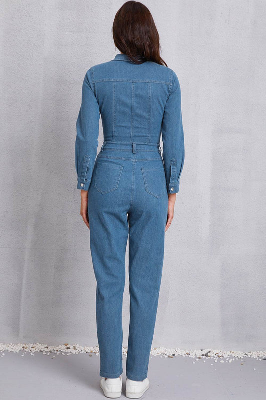 Snap Down Denim Jumpsuit with Pockets - Hovatok