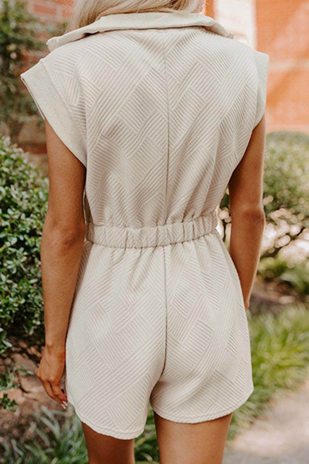 Textured Zip Front Romper with Pockets - Hovatok
