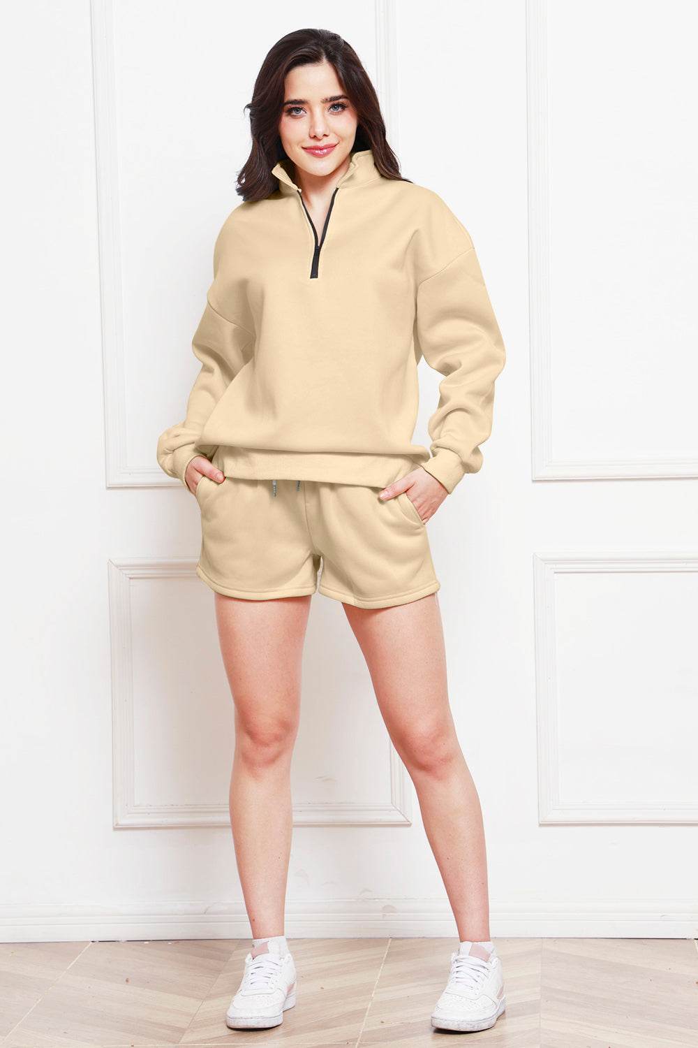 Half Zip Long Sleeve Sweatshirt and Drawstring Shorts Set - Hovatok