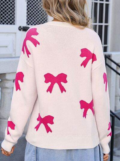 Angel Wings Bow Round Neck Dropped Shoulder Sweater - Hovatok