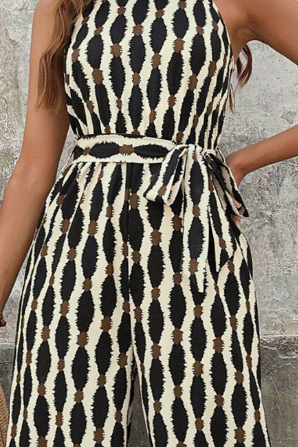 Tied Printed Grecian Neck Jumpsuit - Hovatok