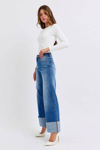 Judy Blue Full Size Distressed High Waist Wide Leg Jeans - Hovatok