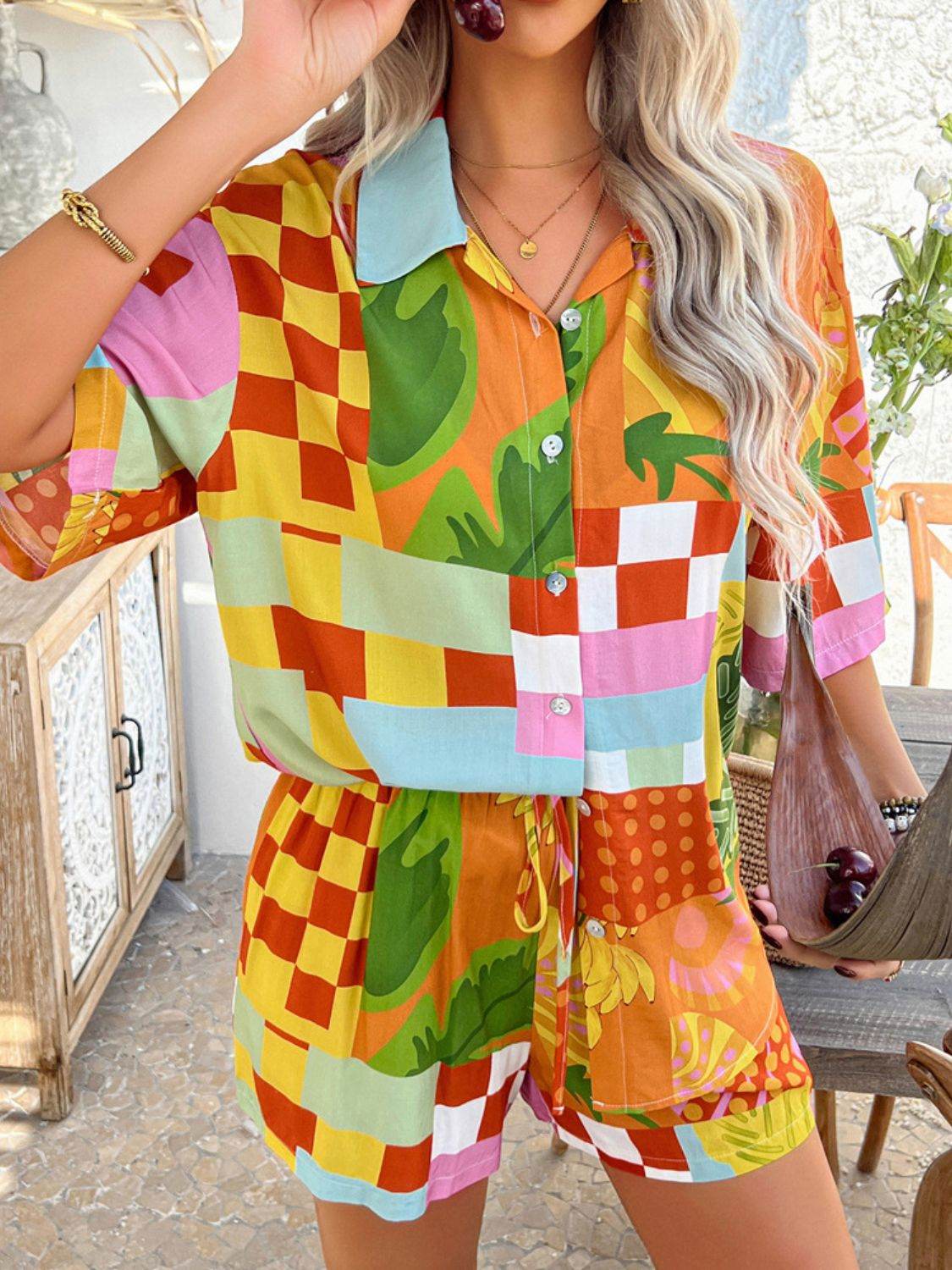 Devine Printed Collared Neck Half Sleeve Top and Shorts Set - Hovatok