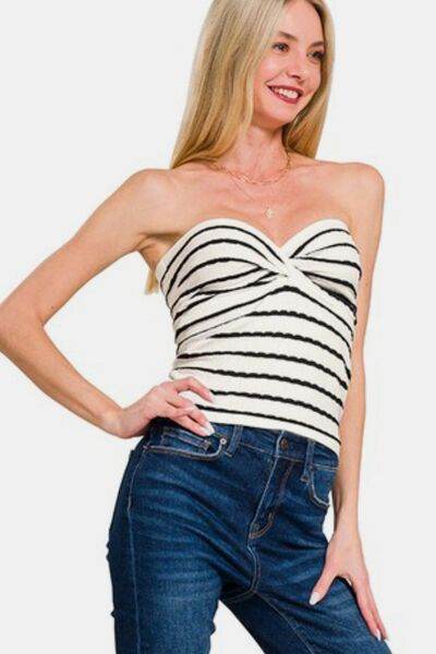 Zenana Twisted Sweetheart Neck Striped Tube Top - Hovatok