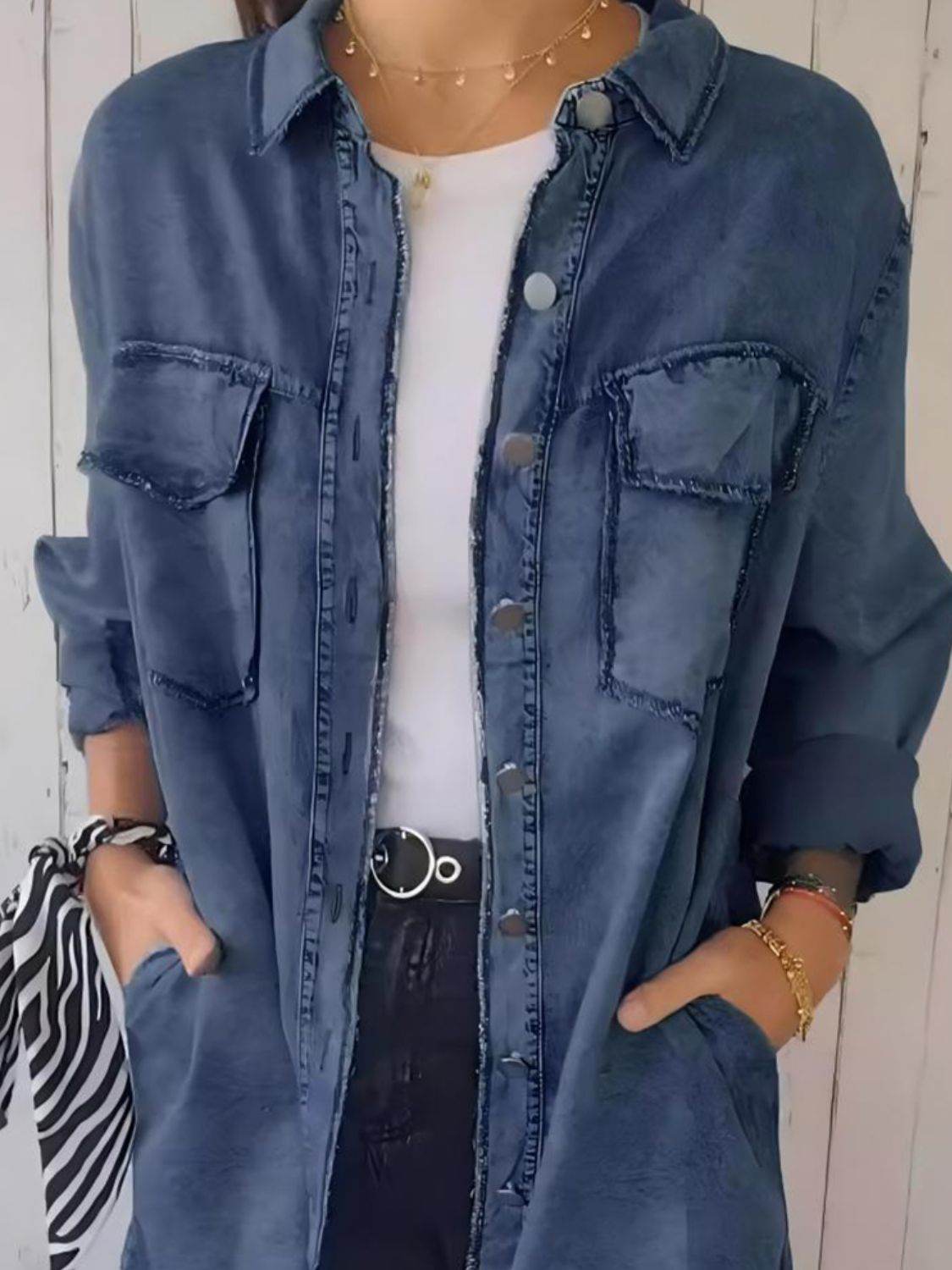 Full Size Raw Hem Button Up Long Sleeve Denim Top Plus Size - Hovatok