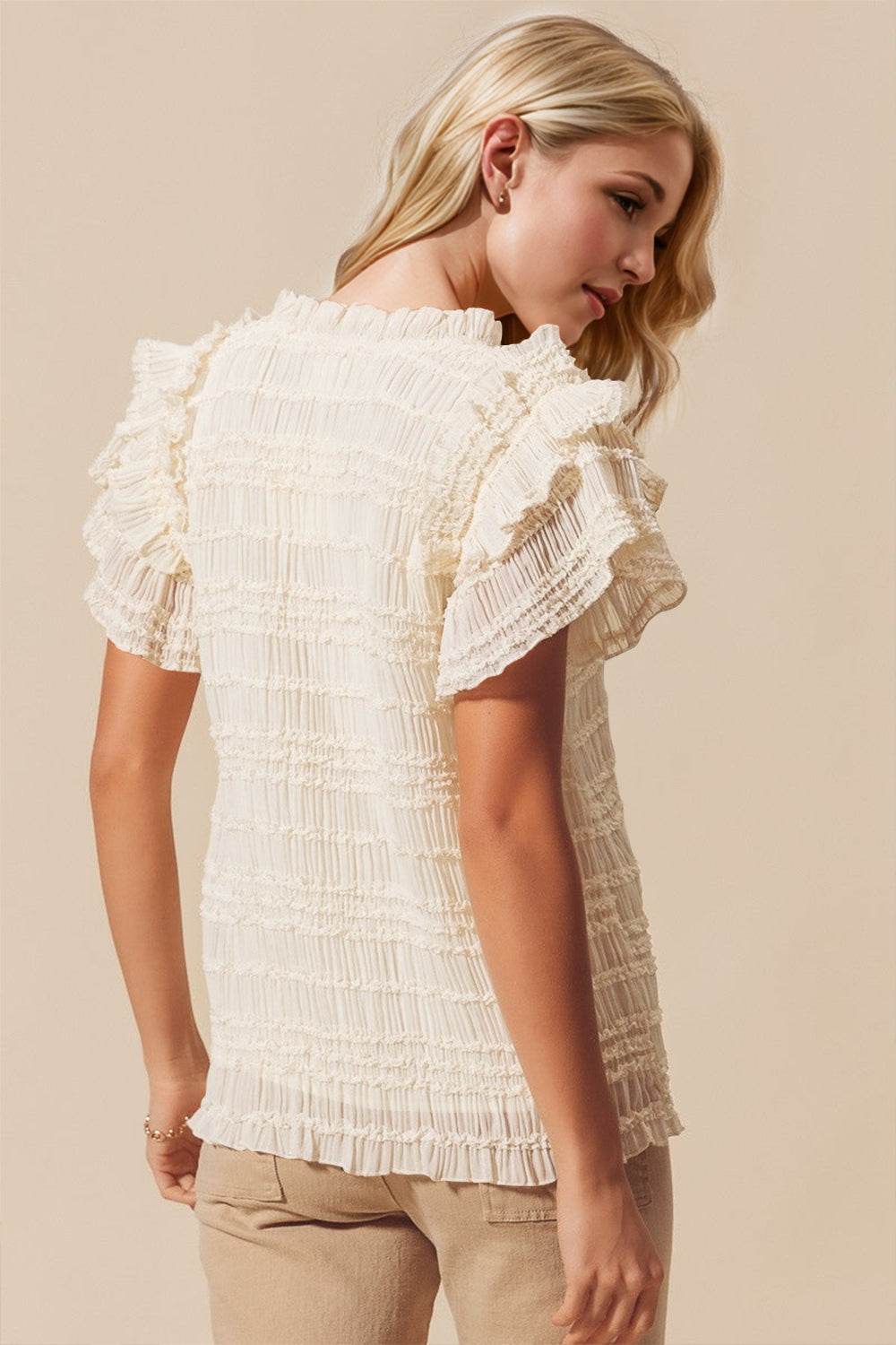 Oh Full Size Frill Notched Flounce Sleeve Blouse - Hovatok