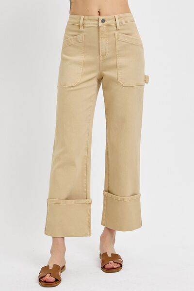 RISEN Full Size High Rise Wide Straight Cuffed Patch Jeans Plus Size - Hovatok