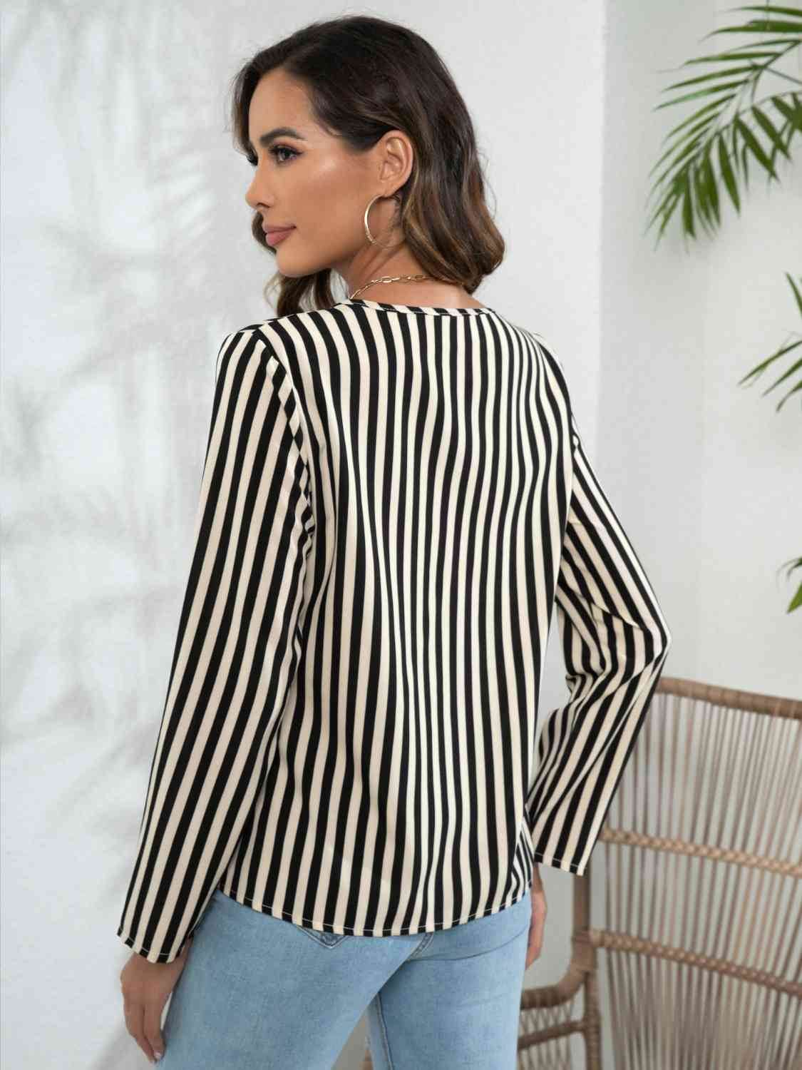 Striped Long Sleeve Notched Blouse - Hovatok
