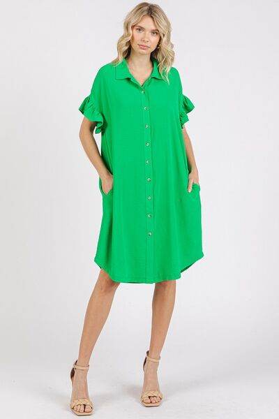 Mittoshop Button Down Flounce Sleeve Dress with Pockets - Hovatok