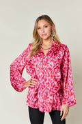 Double Take Full Size Printed Ruffle Trim Balloon Sleeve Shirt - Hovatok