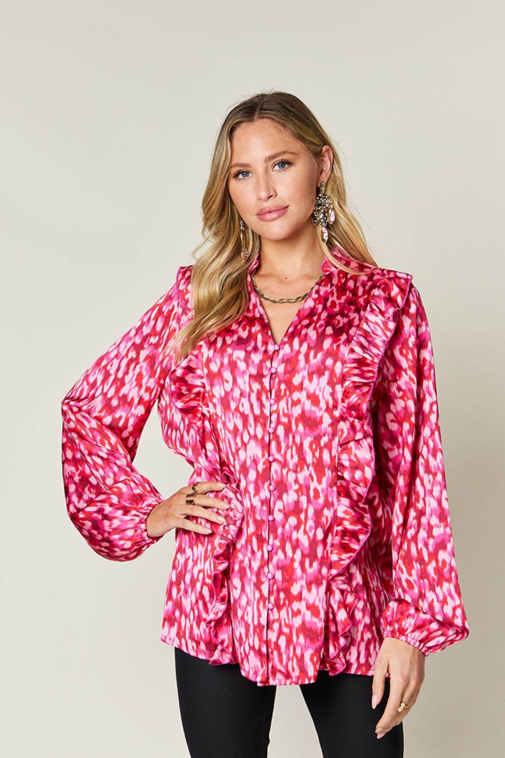 Double Take Full Size Printed Ruffle Trim Balloon Sleeve Shirt - Hovatok