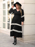 Plus Size Lace Detail V-Neck Long Sleeve Midi Dress - Hovatok