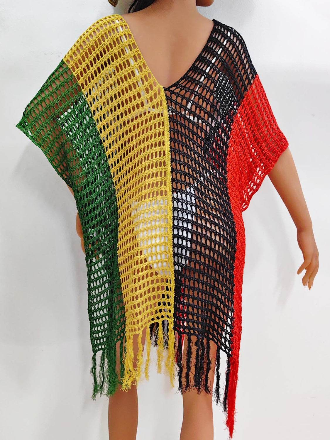 Fringe Color Block Scoop Neck Cover Up - Hovatok