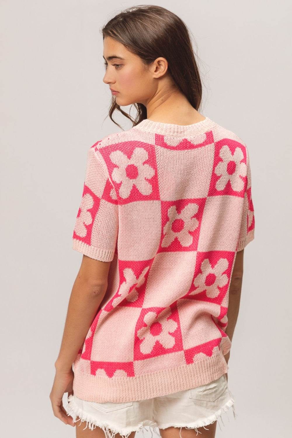 BiBi Flower Checker Pattern Short Sleeve Sweater - Hovatok