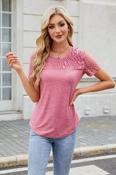 Smocked Round Neck Short Sleeve T-Shirt - Hovatok