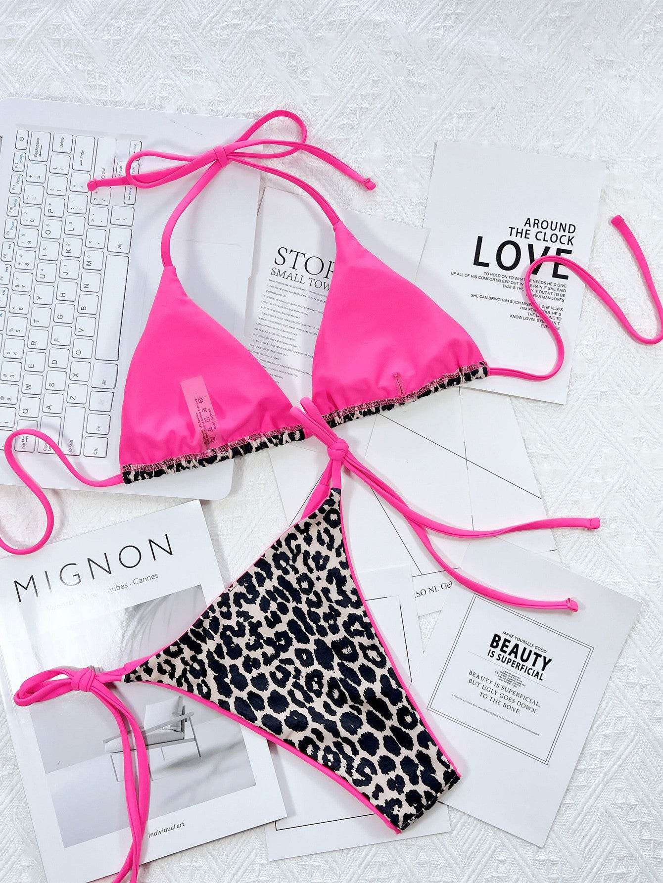 Leopard Print Halter Neck Tie Side Bikini Set - Hovatok
