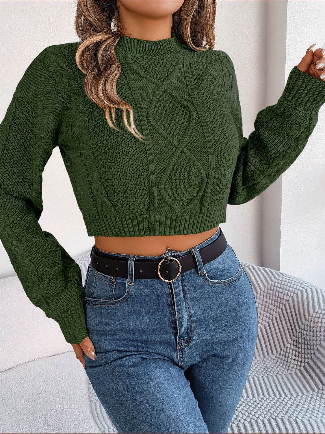 Cable-Knit Round Neck Cropped Sweater - Hovatok
