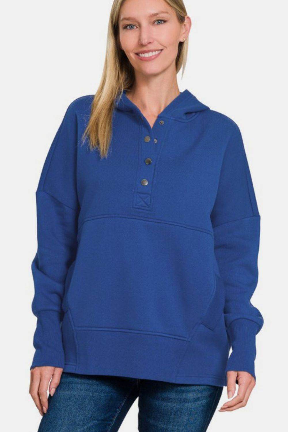 Zenana Half Snap Long Sleeve Hoodie with Kangaroo Pocket - Hovatok