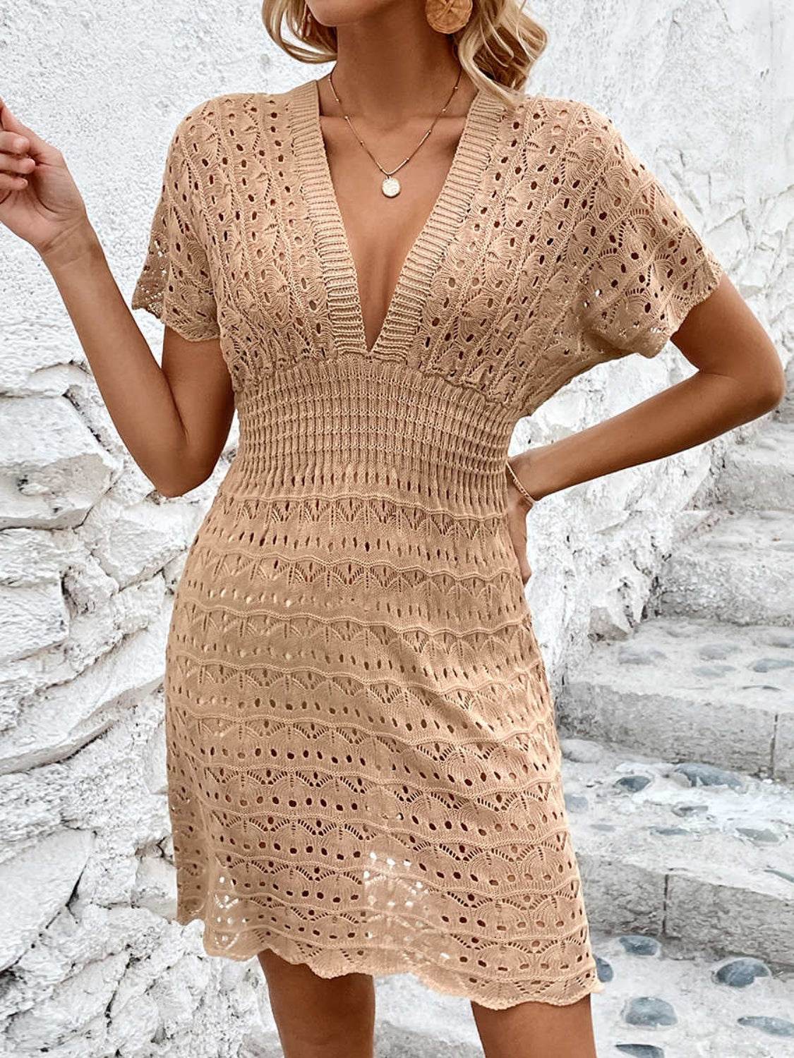 Openwork Plunge Short Sleeve Cover-Up Dress - Hovatok